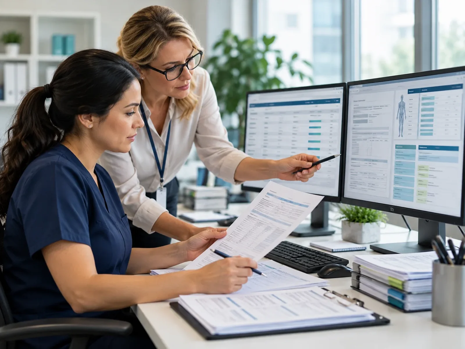 Illustrative specialists reviewing a payer follow-up worklist