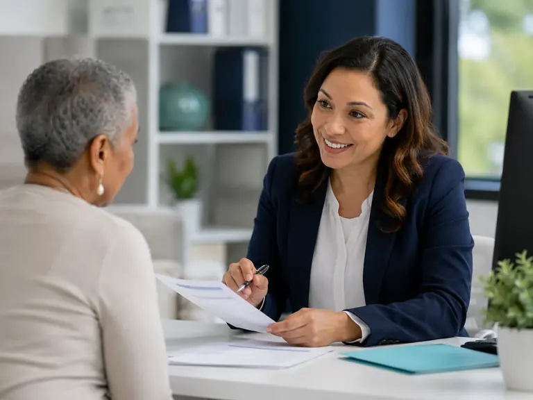 Illustrative patient and billing specialist discussing a statement