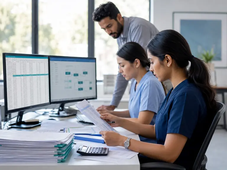 Healthcare administration team reviewing billing workflows